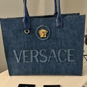 Versace denim tote (lg) bag w/ gold Medusa emblem